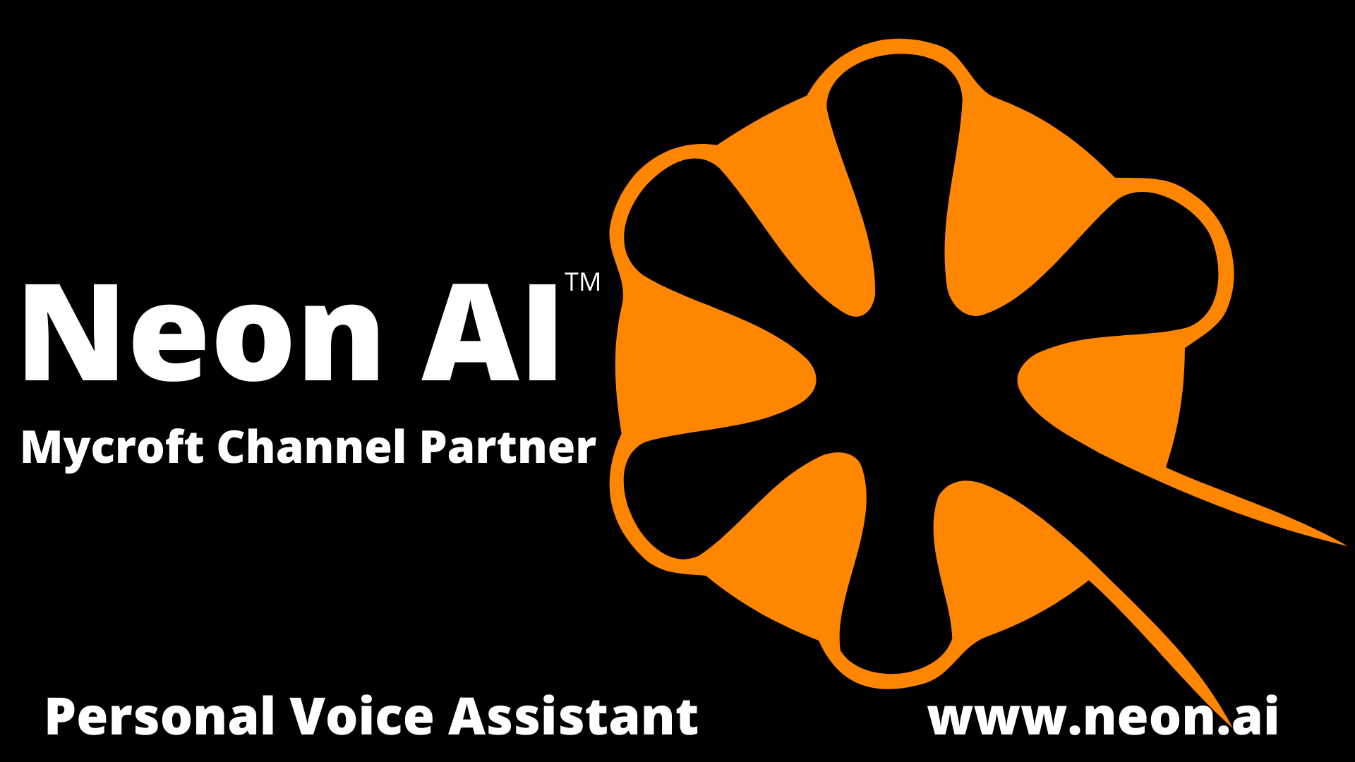 Orange gecko hand logo on black background, text: Neon AI Mycroft channel partner personal voice assistant www.neon.ai