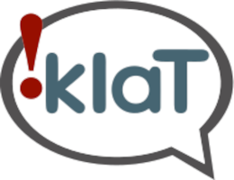 Logo, speech bubble with the word !klaT in it. Red exclamation point, gray bubble outline and blue-gray text on white.