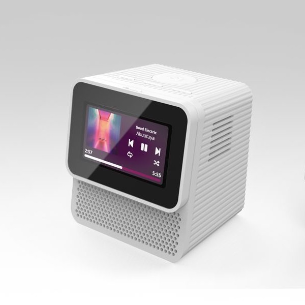 Neon AI Device, front, back, and on a side table next to a person